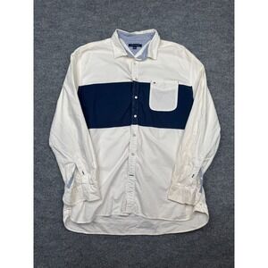 *Tommy Hilfiger Mens XXL Button Down Shirt White Navy Blue Stripe Long Sleeve